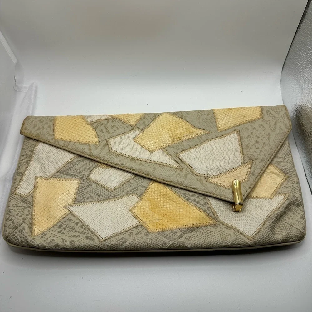 Vintage 1980s snakeskin patchwork clutch handbag